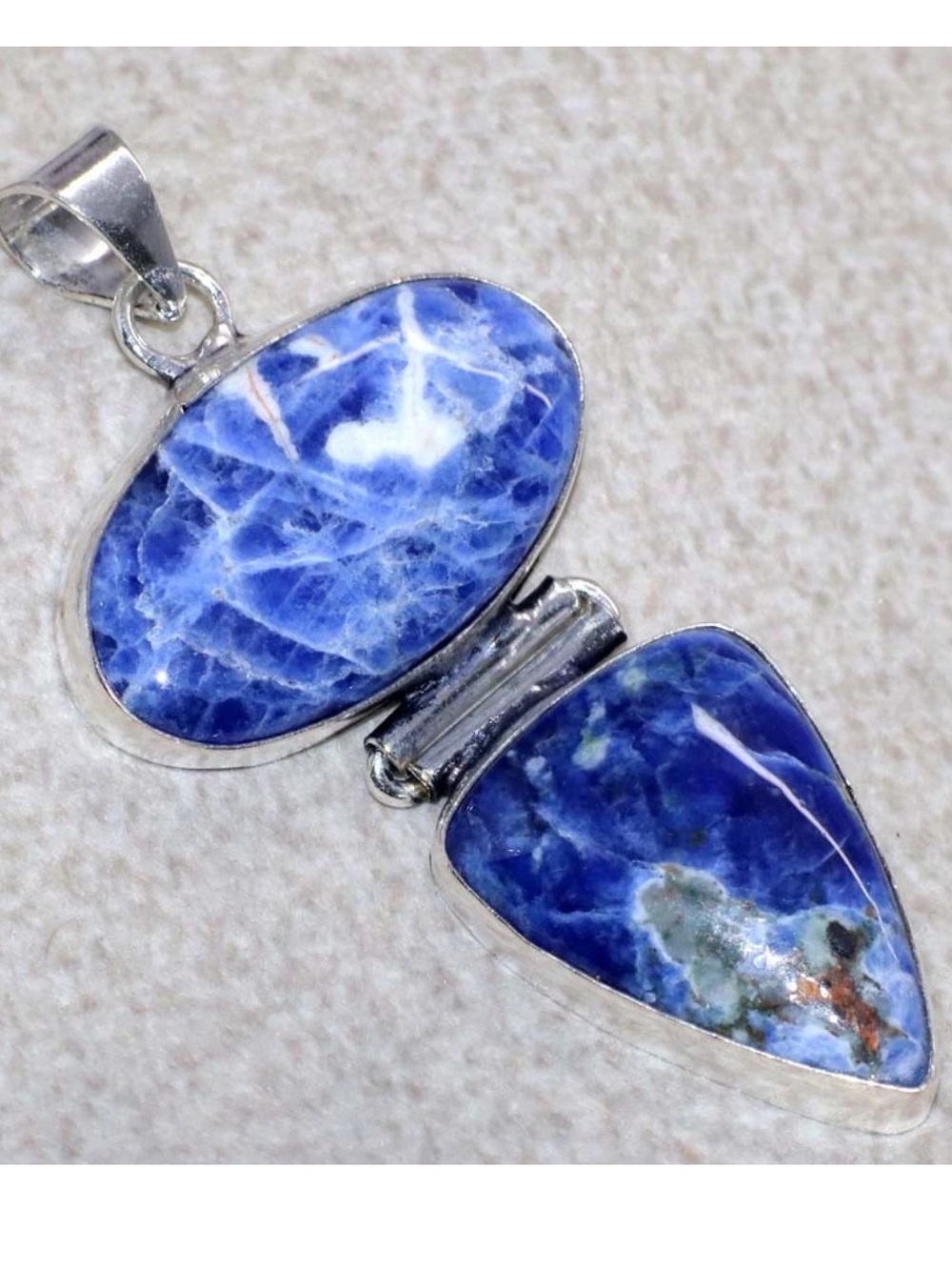 New! 925 Sterling Silver Overlay Blue Sodalite Double-Teardrop Pendant